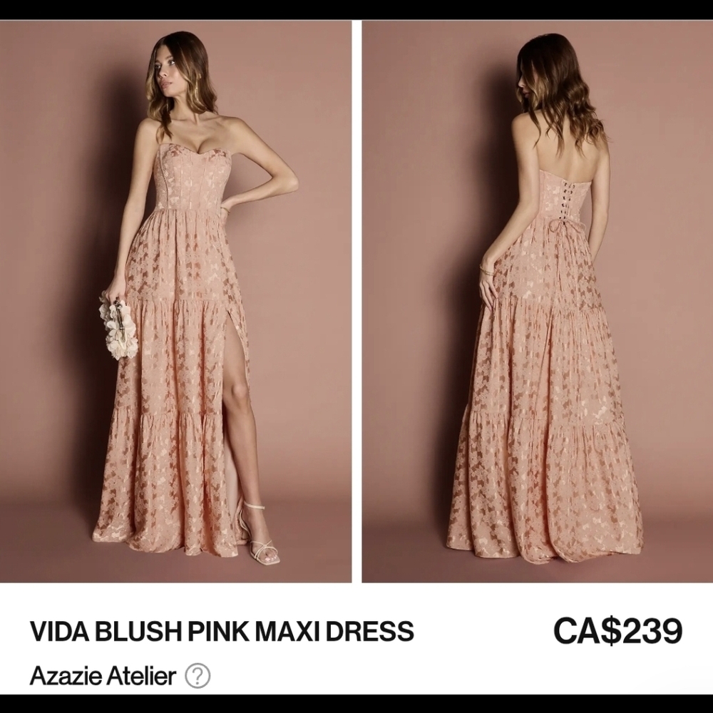 Azazie Blush Pink Strapless Lace Maxi Dress